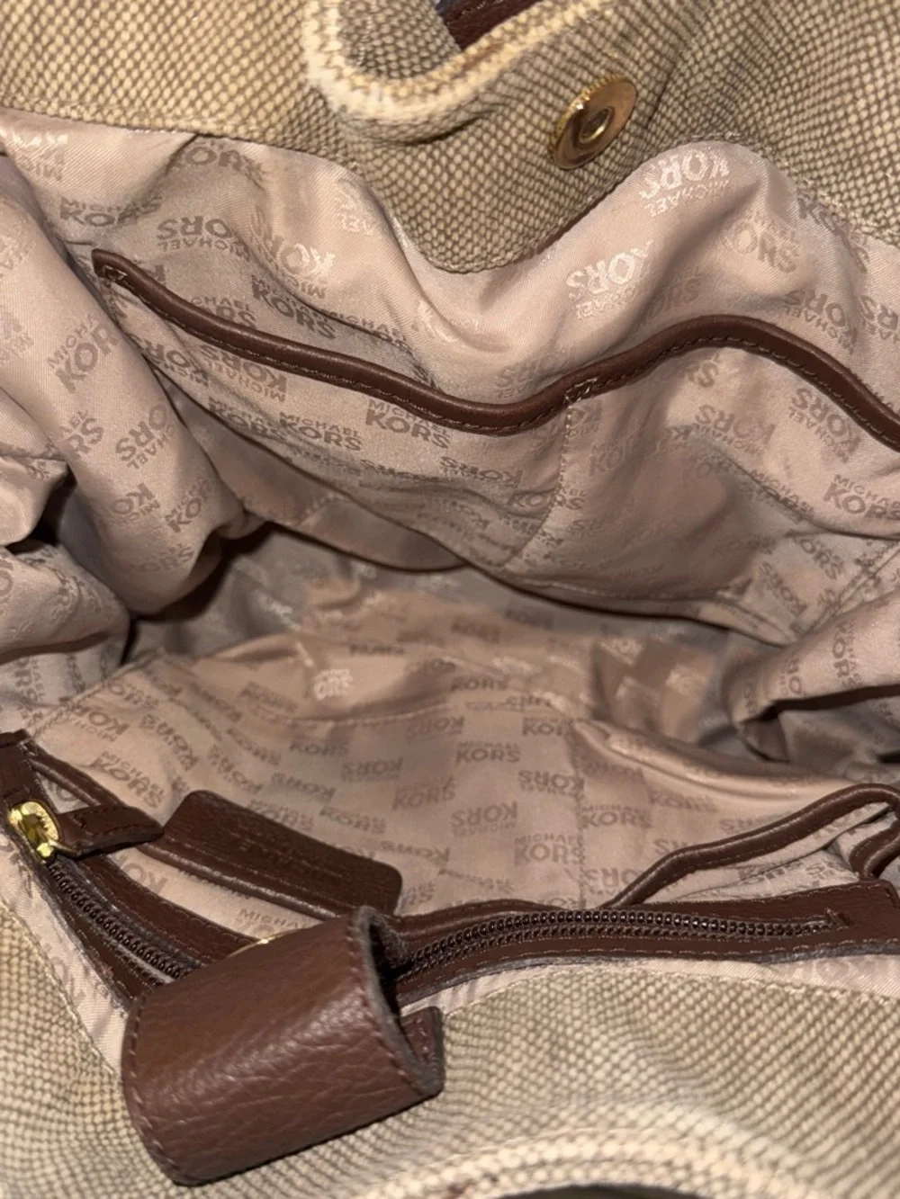 Michael Kors Taupe Canvas Shoulder Bag with Brown Trim